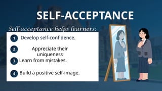 Life skills help learners:
1
2
3
4
SELF-ACCEPTANCE
Develop self-confidence.
.
Build a positive self-image.
Appreciate their
uniqueness
Learn from mistakes.
Self-acceptance helps learners:
 