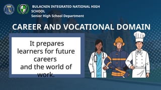 CAREER AND VOCATIONAL DOMAIN
BULACNIN INTEGRATED NATIONAL HIGH
SCHOOL
Senior High School Department
It prepares
learners for future
careers
and the world of
work.
 