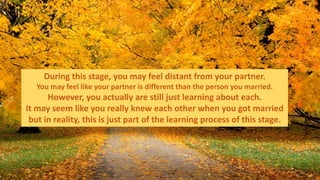 During this stage, you may feel distant from your partner.
You may feel like your partner is different than the person you married.
However, you actually are still just learning about each.
It may seem like you really knew each other when you got married
but in reality, this is just part of the learning process of this stage.
 