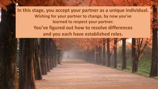 In this stage, you accept your partner as a unique individual.
Wishing for your partner to change, by now you’ve
learned to respect your partner.
You’ve figured out how to resolve differences
and you each have established roles.
 