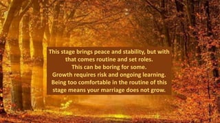 This stage brings peace and stability, but with
that comes routine and set roles.
This can be boring for some.
Growth requires risk and ongoing learning.
Being too comfortable in the routine of this
stage means your marriage does not grow.
 