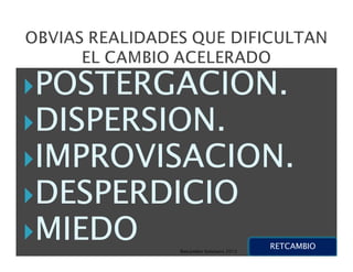 POSTERGACION.
DISPERSION.
IMPROVISACION.
DESPERDICIO
MIEDO  Retcambio Solutions 2012
                                  RETCAMBIO
 