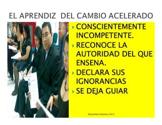 CONSCIENTEMENTE
INCOMPETENTE.
RECONOCE LA
AUTORIDAD DEL QUE
ENSENA.
DECLARA SUS
IGNORANCIAS
SE DEJA GUIAR

  Retcambio Solutions 2012
 