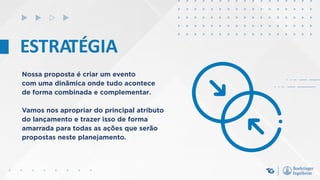ESTRATÉGIA
Nossa proposta é criar um evento
com uma dinâmica onde tudo acontece
de forma combinada e complementar.
Vamos nos apropriar do principal atributo
do lançamento e trazer isso de forma
amarrada para todas as ações que serão
propostas neste planejamento.
 