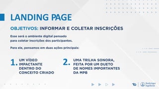 LANDING PAGE
OBJETIVOS: INFORMAR E COLETAR INSCRIÇÕES
Esse será o ambiente digital pensado
para coletar inscrições dos participantes.
Para ele, pensamos em duas ações principais:
UM VÍDEO
IMPACTANTE
DENTRO DO
CONCEITO CRIADO
UMA TRILHA SONORA,
FEITA POR UM DUETO
DE NOMES IMPORTANTES
DA MPB
1. 2.
 