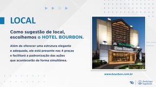 LOCAL
Como sugestão de local,
escolhemos o HOTEL BOURBON.
www.bourbon.com.br
Além de oferecer uma estrutura elegante
e adequada, ele está presente nas 4 praças
e facilitará a padronização das ações
que acontecerão de forma simultânea.
 