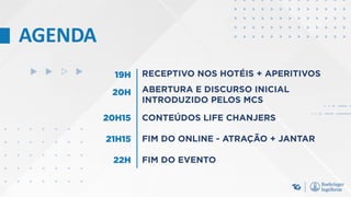 AGENDA
19H
20H
RECEPTIVO NOS HOTÉIS + APERITIVOS
ABERTURA E DISCURSO INICIAL
INTRODUZIDO PELOS MCS
CONTEÚDOS LIFE CHANJERS
FIM DO ONLINE - ATRAÇÃO + JANTAR
FIM DO EVENTO
20H15
21H15
22H
 