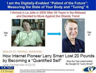 I am the Digitally-Enabled “Patient of the Future”:  Measuring the State of Your Body and “Tuning” It 2000 I Arrived in La Jolla in 2000 After 20 Years in the Midwest and Decided to Move Against the Obesity Trend Age 51 1999 Now the Top Listed Article By Google for “Larry Smarr” www.xconomy.com/san-diego/2010/05/12/how-internet-pioneer-larry-smarr-lost-20-pounds-by-becoming-a-quantified-self/ 2010 Age 61 