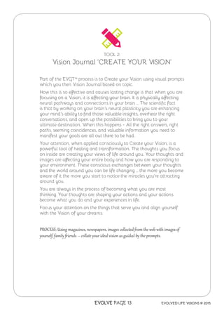 TOOL 2:
Vision Journal ‘CREATE YOUR VISION’
Part of the EVGT™ process is to Create your Vision using visual prompts
which ...