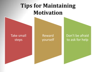 Tips for Maintaining
Motivation
Take small
steps
Reward
yourself
Don’t be afraid
to ask for help
 