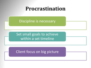 Procrastination
Discipline is necessary
Set small goals to achieve
within a set timeline
Client focus on big picture
 