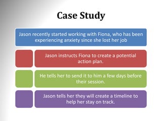 Case Study
Jason recently started working with Fiona, who has been
experiencing anxiety since she lost her job
Jason instructs Fiona to create a potential
action plan.
He tells her to send it to him a few days before
their session.
Jason tells her they will create a timeline to
help her stay on track.
 