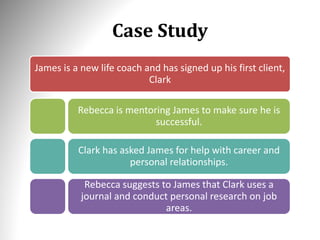 Case Study
James is a new life coach and has signed up his first client,
Clark
Rebecca is mentoring James to make sure he is
successful.
Clark has asked James for help with career and
personal relationships.
Rebecca suggests to James that Clark uses a
journal and conduct personal research on job
areas.
 