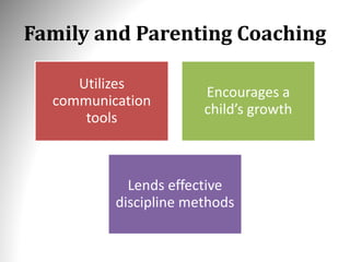 Family and Parenting Coaching
Utilizes
communication
tools
Encourages a
child’s growth
Lends effective
discipline methods
 