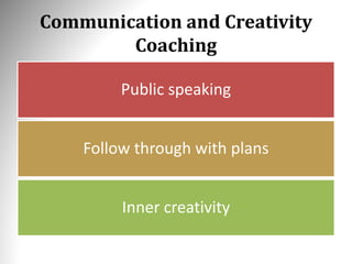 Communication and Creativity
Coaching
Public speaking
Follow through with plans
Inner creativity
 