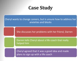 Case Study
Cheryl wants to change careers, but is unsure how to address her
anxieties and blocks
She discusses her problems with her friend, Darren
Cheryl agreed that it was a good idea and made
plans to sign up with a life coach
Darren tells Cheryl about a life coach that really
helped him
 