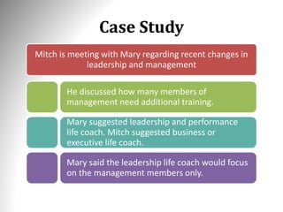 Case Study
Mitch is meeting with Mary regarding recent changes in
leadership and management
He discussed how many members of
management need additional training.
Mary suggested leadership and performance
life coach. Mitch suggested business or
executive life coach.
Mary said the leadership life coach would focus
on the management members only.
 