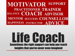 Life Coach
SUPPORTMOTIVATOR
MENTOR
ADVICE
COACH
INSTRUCTOR
SUCCESS
ADVISOR
PRACTITIONER
HAPPINESS
BALANCE
COUNSELLOR
Sometimes the right support can help you reach
heights that you’ve never even imagined
TRAINER
 