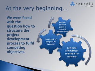 We were faced
with the
question how to
structure the
project
development
process to fulfil
competing
objectives.

Ability to
respond
quickly to
changing
requirements

Good track of
progress by
customer

Low time
commitment
and effort for
customer

 