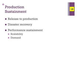 + 
Production 
16! 
Sustainment 
! Release to production 
! Disaster recovery 
! Rollback and recovery 
! DR site startup 
! Alternative system startup 
! Performance Sustainment 
! Scalability 
! Demand 
 