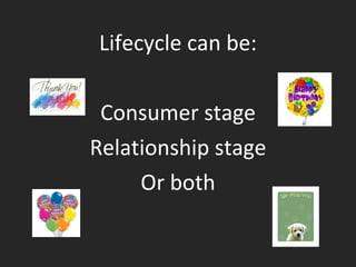 Lifecycle can be: Consumer stage Relationship stage Or both 