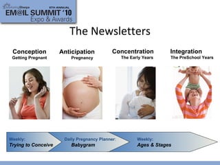 The Newsletters Weekly:   Trying to Conceive Daily   Pregnancy Planner :   Babygram Weekly:   Ages & Stages Concentration  The Early Years Anticipation  Pregnancy Conception  Getting Pregnant Integration  The PreSchool Years 