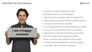 Good News For Your Customers 
I’ve got no up front capital cost issues 
The best-solution is now “affordable” 
I get the solution I needed without compromise 
Total solution comes as a unified monthly payment 
I can pay monthly or pay quarterly 
If I have good credit I can defer paying 3~6 months 
I can put my cash to better use in my business 
I get savings vs Cash Purchase (tax accounting) 
My solution gets routine upgrade / refresh 
There’s no impact on credit line with my bank 
I’ve built a stronger relationship with my supplier 
I can align with my Vendor’s roadmap  
