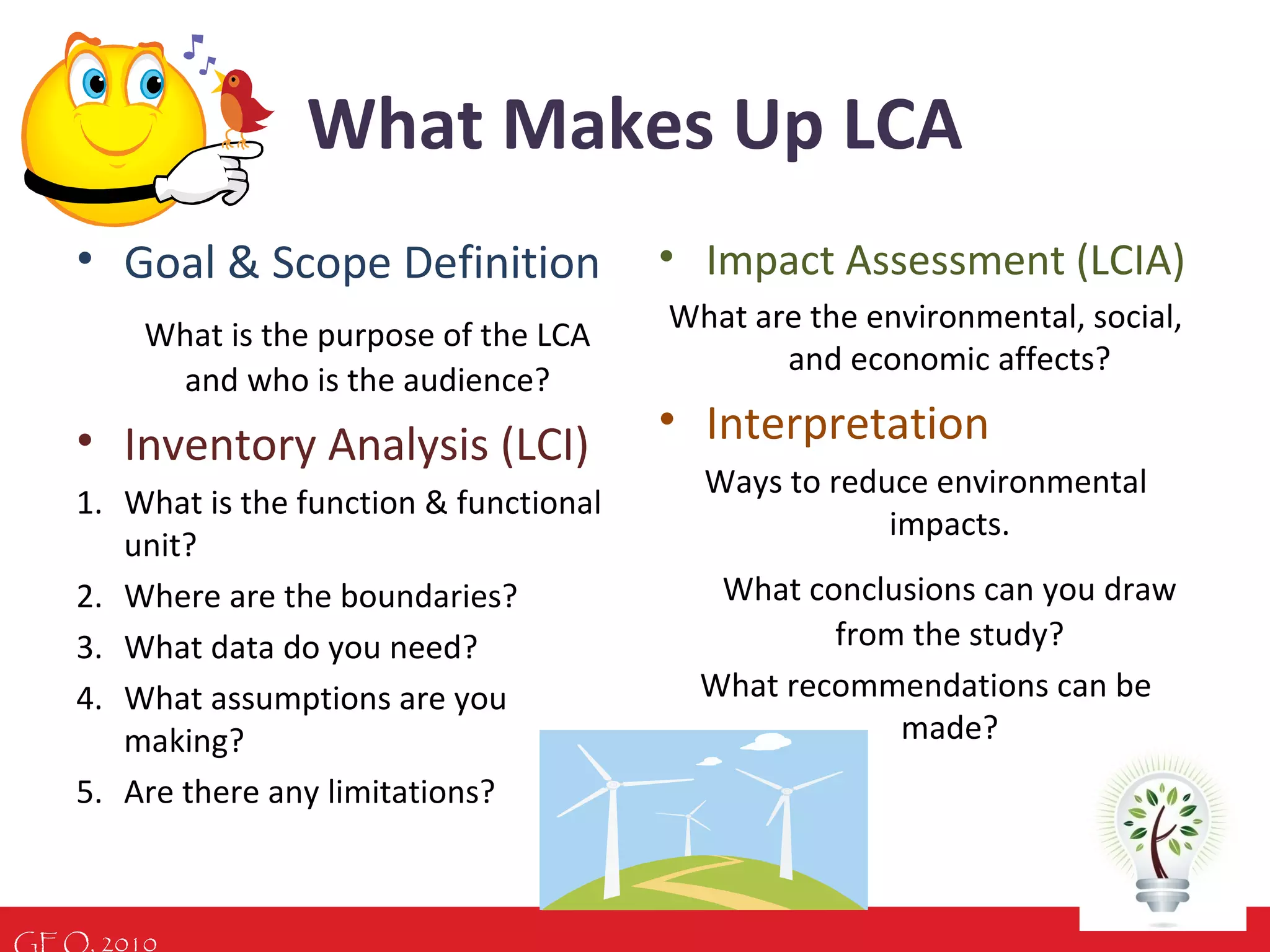 GEO, 2010
What Makes Up LCA
• Goal & Scope Definition
What is the purpose of the LCA
and who is the audience?
• Inventory Analysis (LCI)
1. What is the function & functional
unit?
2. Where are the boundaries?
3. What data do you need?
4. What assumptions are you
making?
5. Are there any limitations?
• Impact Assessment (LCIA)
What are the environmental, social,
and economic affects?
• Interpretation
Ways to reduce environmental
impacts.
What conclusions can you draw
from the study?
What recommendations can be
made?
 