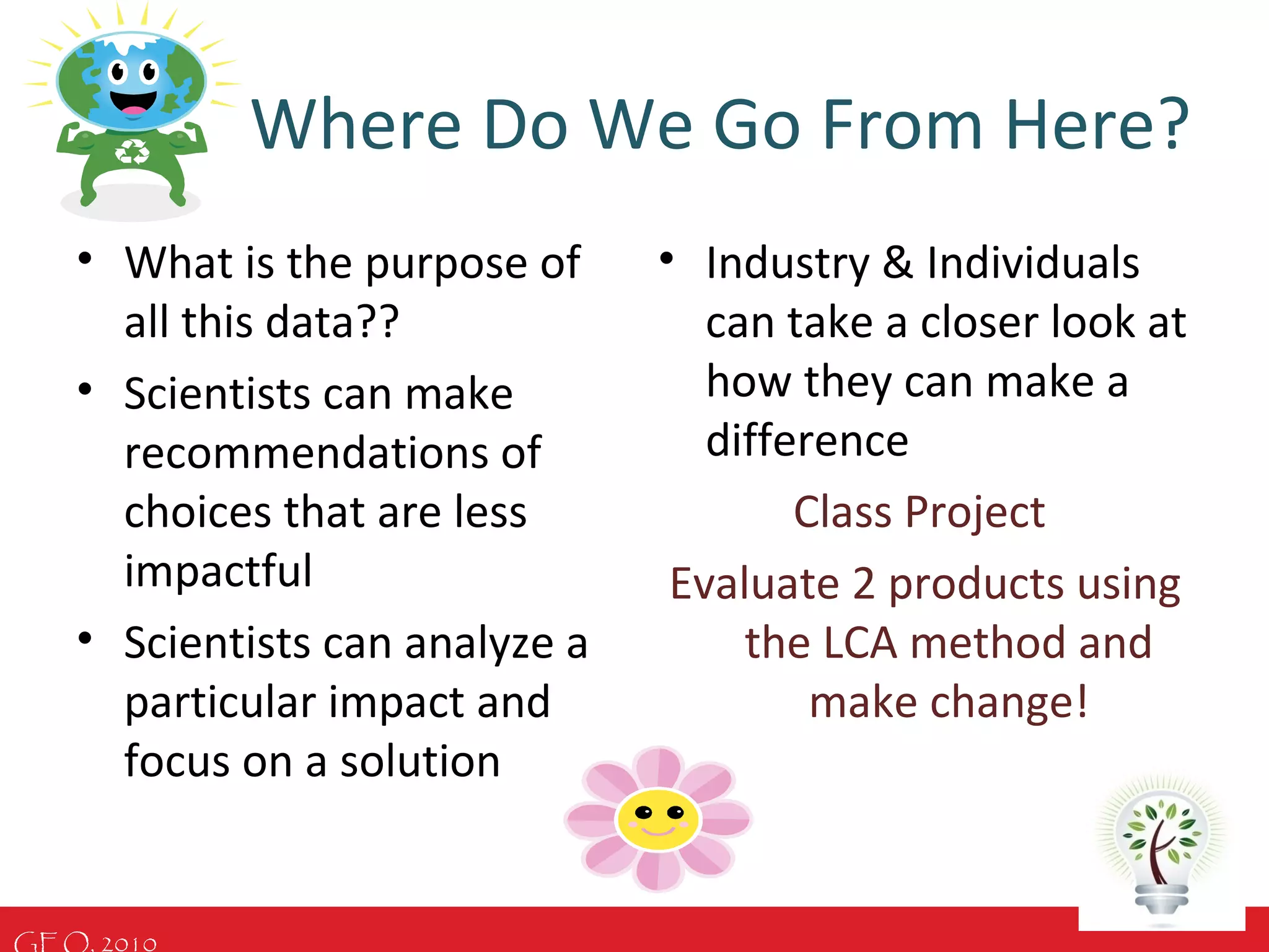 GEO, 2010
Where Do We Go From Here?
• What is the purpose of
all this data??
• Scientists can make
recommendations of
choices that are less
impactful
• Scientists can analyze a
particular impact and
focus on a solution
• Industry & Individuals
can take a closer look at
how they can make a
difference
Class Project
Evaluate 2 products using
the LCA method and
make change!
 