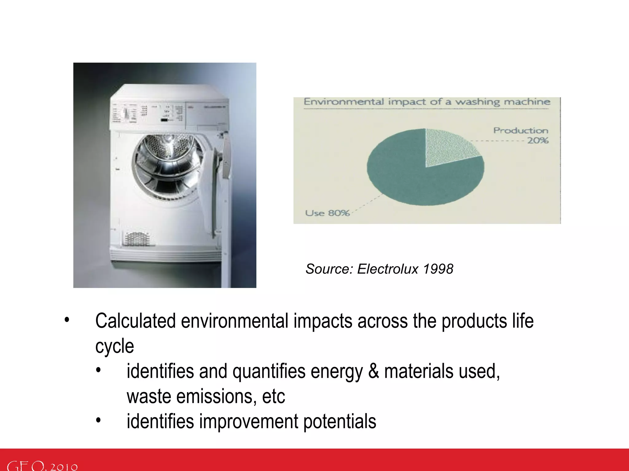 GEO, 2010
Source: Electrolux 1998
• Calculated environmental impacts across the products life
cycle
• identifies and quantifies energy & materials used,
waste emissions, etc
• identifies improvement potentials
 