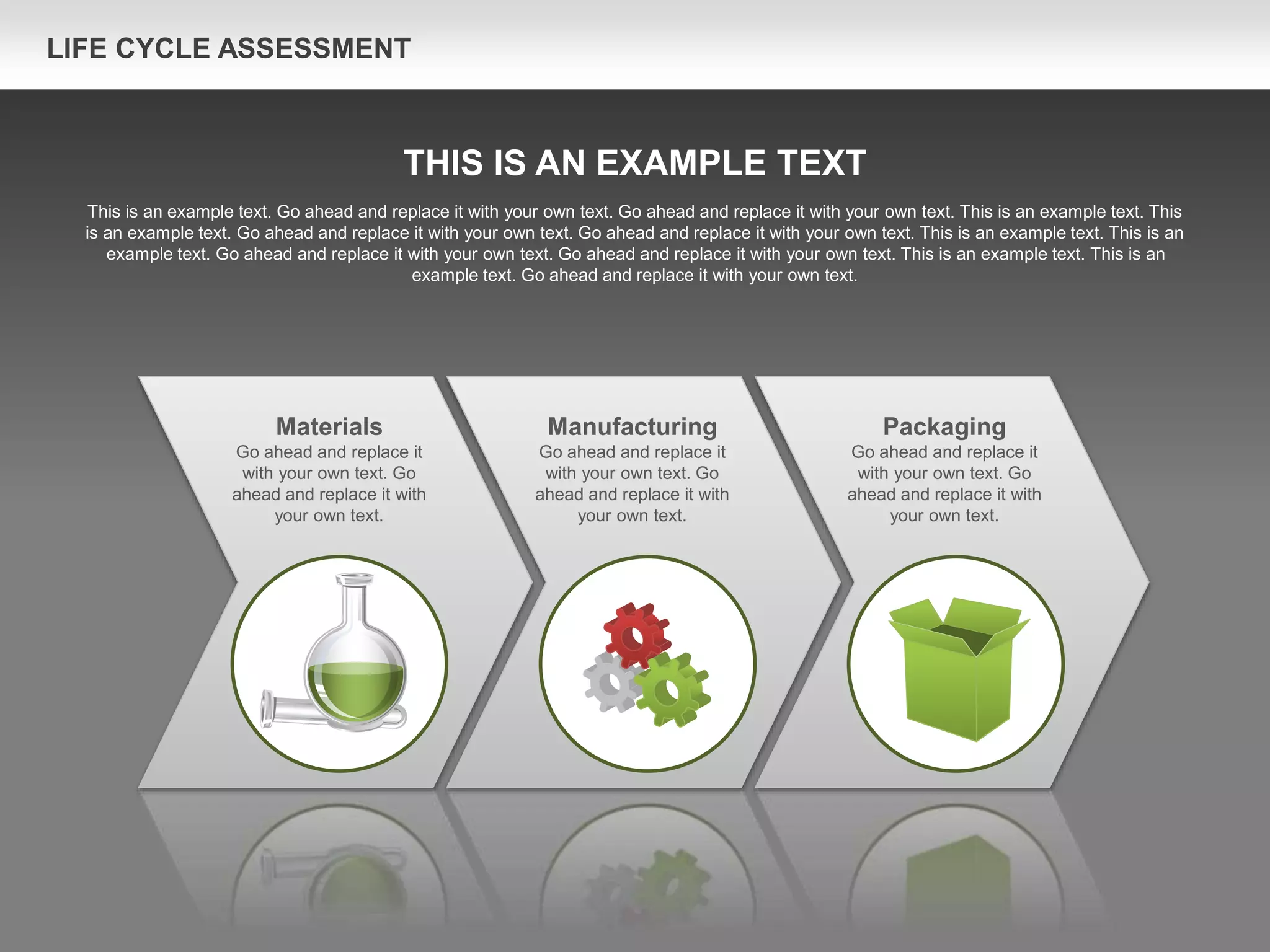 LIFE CYCLE ASSESSMENT
Manufacturing
Go ahead and replace it
with your own text. Go
ahead and replace it with
your own text.
Packaging
Go ahead and replace it
with your own text. Go
ahead and replace it with
your own text.
Materials
Go ahead and replace it
with your own text. Go
ahead and replace it with
your own text.
THIS IS AN EXAMPLE TEXT
This is an example text. Go ahead and replace it with your own text. Go ahead and replace it with your own text. This is an example text. This
is an example text. Go ahead and replace it with your own text. Go ahead and replace it with your own text. This is an example text. This is an
example text. Go ahead and replace it with your own text. Go ahead and replace it with your own text. This is an example text. This is an
example text. Go ahead and replace it with your own text.
 