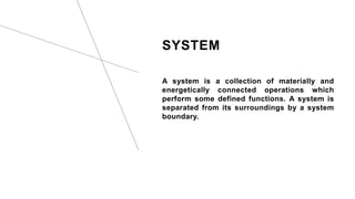 SYSTEM
A system is a collection of materially and
energetically connected operations which
perform some defined functions. A system is
separated from its surroundings by a system
boundary.
 