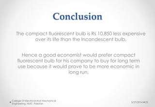 Conclusion
5/27/2014
College Of Electrical And Mechanical
Engineering, NUST, Pakistan
23
Hence a good economist would prefer compact
fluorescent bulb for his company to buy for long term
use because it would prove to be more economic in
long run.
The compact fluorescent bulb is Rs 10,850 less expensive
over its life than the Incandescent bulb.
 