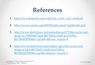 References
5/27/2014
College Of Electrical And Mechanical
Engineering, NUST, Pakistan
24
1. http://en.wikipedia.org/wiki/Life_cycle_cost_analysis
2. http://www.coned.com/KIDS/pdf/coned_lightbulbs.pdf
3. http://www.slideshare.net/ankurbansal177/life-cycle-cost-
analysis-15005487?qid=86718d3c-0adf-4ca3-b85a-
8b158d429568&v=qf1&b=&from_search=4
4. http://www.slideshare.net/nirjhar_jgec/life-cycle-cost-
analysis?qid=86718d3c-0adf-4ca3-b85a-
8b158d429568&v=qf1&b=&from_search=1
 