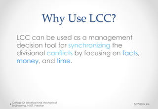 Why Use LCC?
5/27/2014
College Of Electrical And Mechanical
Engineering, NUST, Pakistan
6
LCC can be used as a management
decision tool for synchronizing the
divisional conflicts by focusing on facts,
money, and time.
 