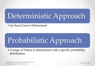 Deterministic Approach
•An Exact Cost is Determined
Probabilistic Approach
•A range of Values is determined with a specific probability
distribution.
5/27/2014
College Of Electrical And Mechanical
Engineering, NUST, Pakistan
8
 