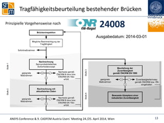 ANSYS Conference & 9. CADFEM Austria Users` Meeting 24./25. April 2014, Wien
24008
13
Prinzipielle Vorgehensweise nach
Tragfähigkeitsbeurteilung bestehender Brücken
Ausgabedatum: 2014-03-01
 