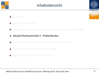 ANSYS Conference & 9. CADFEM Austria Users` Meeting 24./25. April 2014, Wien
Inhaltsübersicht
Beispiel Nachweisstufe 4 - Sonderlast
Life Cycle Engineering
Simulation von Reparaturschweißungen
Beispiel Nachweisstufe 2 - Plattenbeulen
17
Tragfähigkeitsbewertung bestehender Brücken nach ONR 24008
Beispiel Nachweisstufe 3 – Rissfortschrittsberechnung
Motivation
 