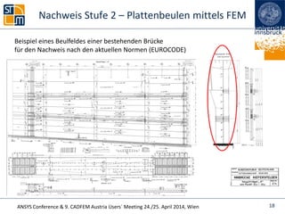 ANSYS Conference & 9. CADFEM Austria Users` Meeting 24./25. April 2014, Wien
Nachweis Stufe 2 – Plattenbeulen mittels FEM
18
Beispiel eines Beulfeldes einer bestehenden Brücke
für den Nachweis nach den aktuellen Normen (EUROCODE)
 