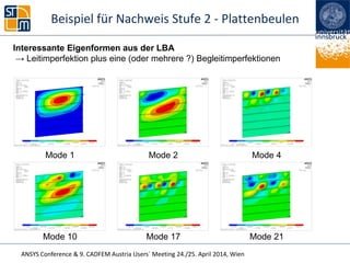 ANSYS Conference & 9. CADFEM Austria Users` Meeting 24./25. April 2014, Wien
Interessante Eigenformen aus der LBA
→ Leitimperfektion plus eine (oder mehrere ?) Begleitimperfektionen
Mode 10 Mode 17 Mode 21
Mode 1 Mode 2 Mode 4
Beispiel für Nachweis Stufe 2 - Plattenbeulen
 