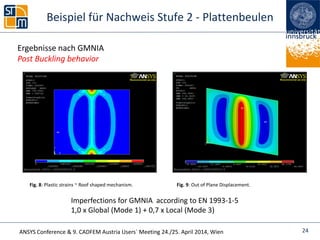 ANSYS Conference & 9. CADFEM Austria Users` Meeting 24./25. April 2014, Wien
Fig. 8: Plastic strains ~ Roof shaped mechanism. Fig. 9: Out of Plane Displacement.
Ergebnisse nach GMNIA
Post Buckling behavior
Imperfections for GMNIA according to EN 1993-1-5
1,0 x Global (Mode 1) + 0,7 x Local (Mode 3)
Beispiel für Nachweis Stufe 2 - Plattenbeulen
24
 