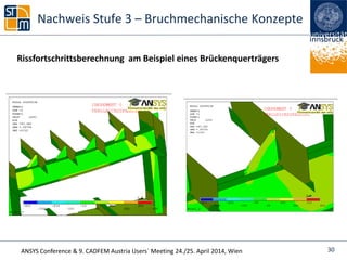 ANSYS Conference & 9. CADFEM Austria Users` Meeting 24./25. April 2014, Wien
Nachweis Stufe 3 – Bruchmechanische Konzepte
Rissfortschrittsberechnung am Beispiel eines Brückenquerträgers
30
 