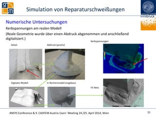 ANSYS Conference & 9. CADFEM Austria Users` Meeting 24./25. April 2014, Wien
Numerische Untersuchungen
Kerbspannungen am realen Modell
(Reale Geometrie wurde über einen Abdruck abgenommen und anschließend
digitalisiert.)
Simulation von Reparaturschweißungen
35
Detail Abdruck (positiv)
Digitales Modell In Rechenmodell eingebaut
Kerbspannungen
FE-Netz
 