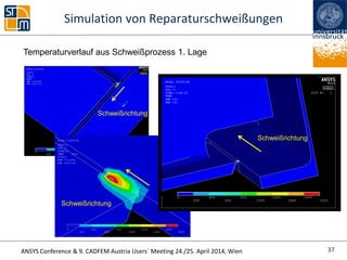 ANSYS Conference & 9. CADFEM Austria Users` Meeting 24./25. April 2014, Wien
Simulation von Reparaturschweißungen
37
Temperaturverlauf aus Schweißprozess 1. Lage
Schweißrichtung
Schweißrichtung
Schweißrichtung
 