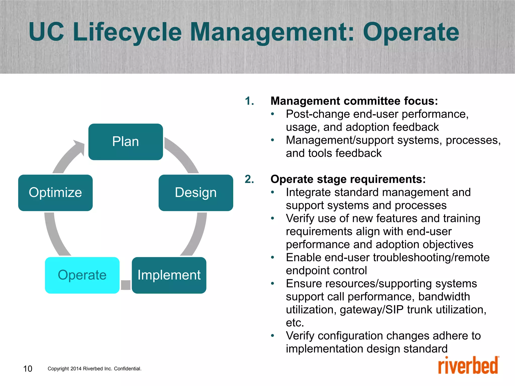 Copyright 2014 Riverbed Inc. Confidential.
10
UC Lifecycle Management: Operate
1. Management committee focus:
• Post-change end-user performance,
usage, and adoption feedback
• Management/support systems, processes,
and tools feedback
2. Operate stage requirements:
• Integrate standard management and
support systems and processes
• Verify use of new features and training
requirements align with end-user
performance and adoption objectives
• Enable end-user troubleshooting/remote
endpoint control
• Ensure resources/supporting systems
support call performance, bandwidth
utilization, gateway/SIP trunk utilization,
etc.
• Verify configuration changes adhere to
implementation design standard
Plan
Design
Implement
Operate
Optimize
 