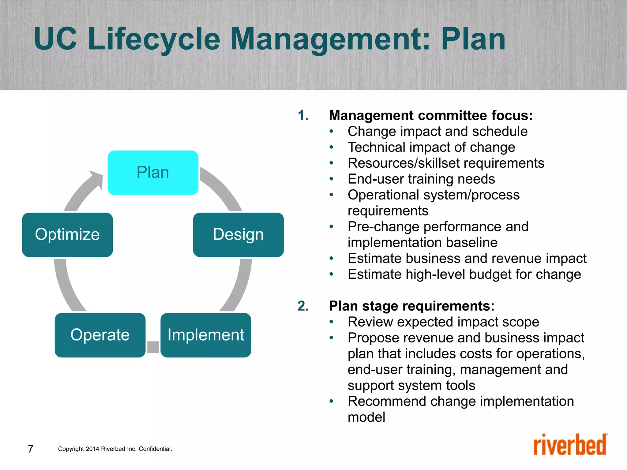 Copyright 2014 Riverbed Inc. Confidential.
7
Plan
Design
Implement
Operate
Optimize
UC Lifecycle Management: Plan
1. Management committee focus:
• Change impact and schedule
• Technical impact of change
• Resources/skillset requirements
• End-user training needs
• Operational system/process
requirements
• Pre-change performance and
implementation baseline
• Estimate business and revenue impact
• Estimate high-level budget for change
2. Plan stage requirements:
• Review expected impact scope
• Propose revenue and business impact
plan that includes costs for operations,
end-user training, management and
support system tools
• Recommend change implementation
model
 