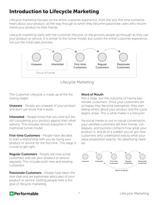 Lifecycle Marketing7
Lifecycle marketing focuses on the entire customer experience, from the very first time someone
hears about your product, all the way through to when they become passionate users who recom-
mend your product to their friends.
Lifecycle marketing starts with the customer lifecycle, or the process people go through as they use
your product or service. It is similar to the funnel model, but covers the entire customer experience,
not just the initial sales process.
Introduction to Lifecycle Marketing
Unaware Interested First-time
Customers
Regular
Customers
Passionate
Customers
Focus of Funnel
Lifecycle Marketing
The Customer Lifecycle is made up of the fol-
lowing stages:
Unaware - People are unaware of your product
and don’t yet know that it exists.
Interested - People know that you exist but are
still considering your product against their other
options. This includes almost everyone in the
traditional funnel model.
First-time Customers - People have decided
to start a relationship with you by trying your
product or service for the first time. This stage is
crucial to get right.
Regular Customers - People are now active
customers and use your product or service
regularly. This includes both new and existing
customers.
Passionate Customers - People have taken the
next step and are passionate advocates of your
product or service. Getting people here is the
goal of lifecycle marketing.
Word of Mouth
Not a stage, but the outcome of having pas-
sionate customers. Once your customers are
so happy they become evangelists, they start
telling others about your product and the cycle
begins anew. This is what makes it a lifecycle!
Via social media or just in casual conversation,
your satisfied customers tell their friends, col-
leagues, and business contacts how great your
product is, and all of a sudden you’ve got new
customers who understand exactly what your
value proposition exactly. No advertising need-
ed.
Unaware Interested First-time
Customers
Regular
Customers
Passionate
Customers
Word-of-Mouth
 