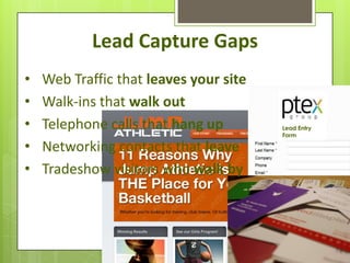 Lead Capture Gaps
•   Web Traffic that leaves your site
•   Walk-ins that walk out
•   Telephone calls that hang up        Lead Entry
                                        Form

•   Networking contacts that leave
•   Tradeshow visitors who walk by
 