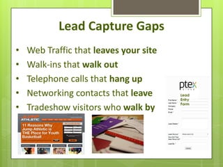 Lead Capture Gaps
•   Web Traffic that leaves your site
•   Walk-ins that walk out
•   Telephone calls that hang up
•   Networking contacts that leave      Lead
                                        Entry

•   Tradeshow visitors who walk by      Form
 