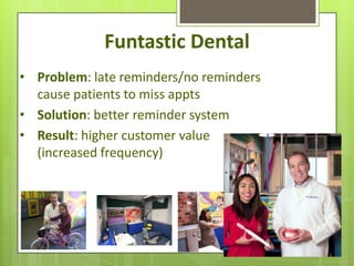 Funtastic Dental
• Problem: late reminders/no reminders
  cause patients to miss appts
• Solution: better reminder system
• Result: higher customer value
  (increased frequency)
 